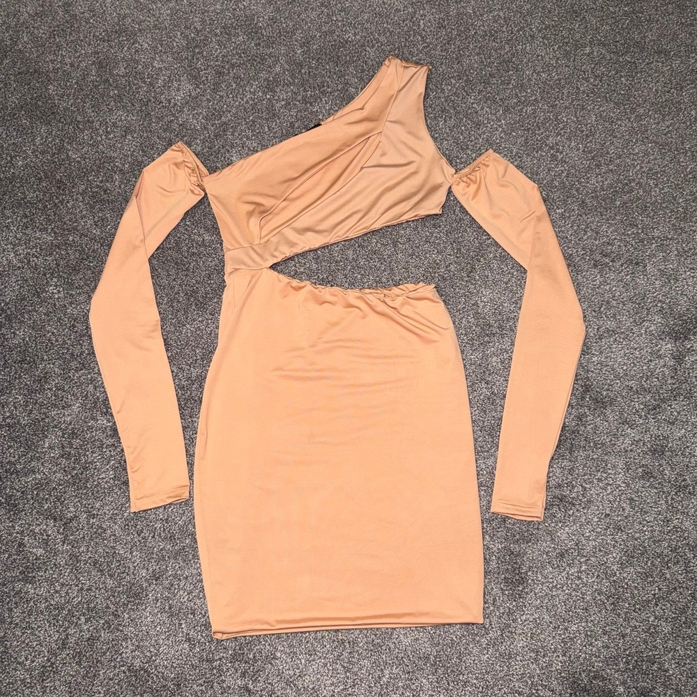 PrettyLittleThing Peachy Orange Mini Dress Long Sleeve w/ Bold Waist Cut Out - 6